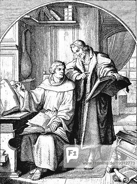 Martin Luther setzt mit Hilfe von Melanchton die Bibelübersetzung fort  zwei personen  Zimmer  Schreibtisch  Regal  Bücher  Vorhang  Religion  Christentum  Jahre 1523-1524  16. Jahrhundert  historische Illustration um 1860