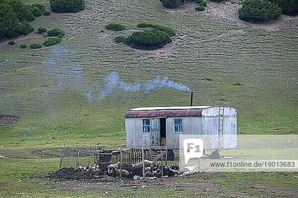 Schafstall und Anhänger  mobiles Nomadenheim in der Nähe von Sarytash im Alay Tal in der Region Osh  Kirgisistan