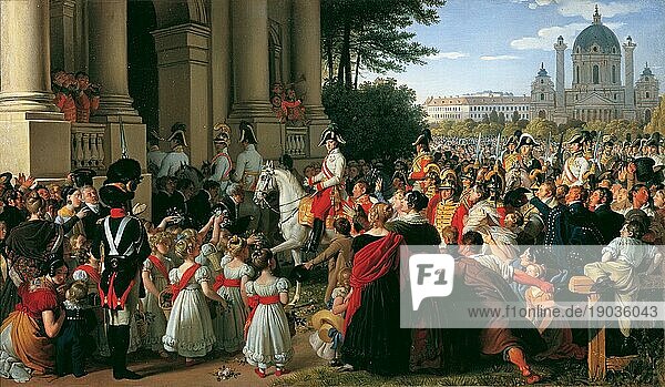 Der Einzug von Kaiser Franz I in Wien nach dem Pariser Frieden am 16. Juni 1814  Gemälde von Peter Krafft  Historisch  digital restaurierte Reproduktion von einer Vorlage aus der damaligen Zeit
