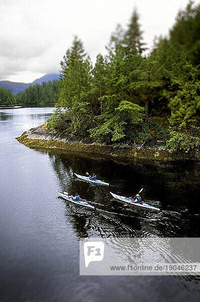 Three kayakers set out on a kayak adventure near Vancouver Island  British Columbia.