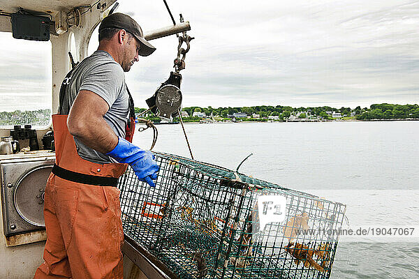 Lobsterman hauls traps on boat in Casco Bay