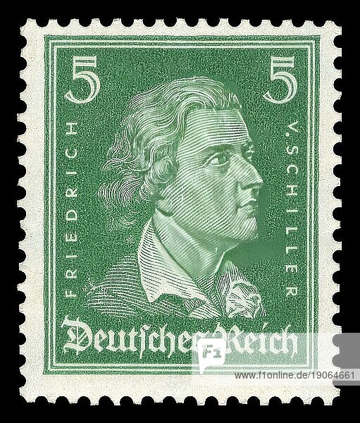 Historische Briefmarke  Deutsches Reich  Dauermarke zu 5 Pfennig mit Friedrich Schiller Porträt  1926  Deutschland  Historisch  digital aufbereitete Reproduktion einer Vorlage aus der damaligen Zeit  Europa