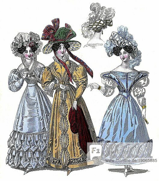 Die Mode im Laufe der Zeit  Mai 1828  Morgenkleid und Spaziergangskleider  London  England  Historisch  digital restaurierte Reproduktion von einer Vorlage aus dem 19. Jahrhundert
