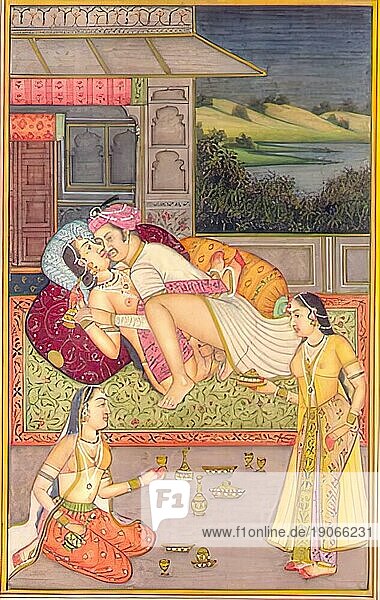 Darstellung einer erotischen Szene  Liebesszene  Sex  in einer Kamasutra-Ausgabe aus dem 19. Jahrhundert  Lehrwerke über Erotik  Indien  Arabien  Historisch  digital restaurierte Reproduktion einer Vorlage aus der damaligen Zeit  Asien
