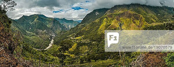 Foto von Bergen und Dschungel im Dani Kreis in der Nähe von Wamena  Papua  Indonesien. In dieser Region trifft man nur Menschen aus isolierten lokalen Stämmen