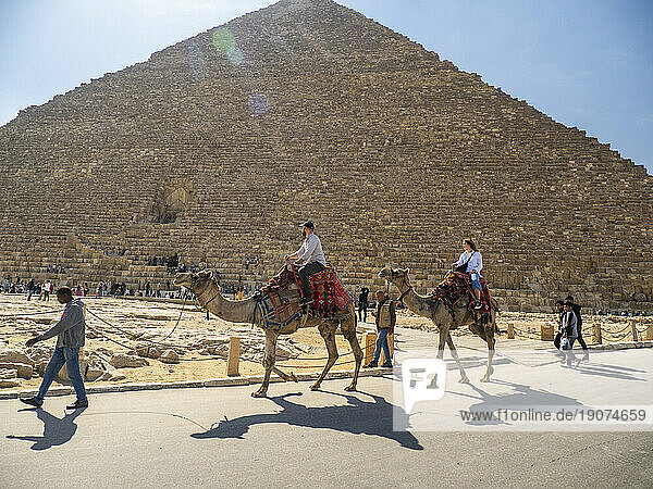 Tourist on a camel ride in front of the Great Pyramid of Giza,  the oldest of the Seven Wonders of the World,  UNESCO World Heritage Site,  near Cairo,  Egypt,  North Africa,  Africa