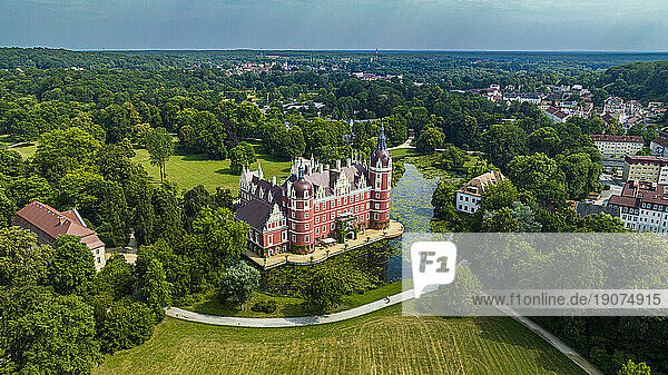 Aerial of Muskau Castle  Muskau (Muskauer) Park  UNESCO World Heritage Site  Bad Muskau  Saxony  Germany  Europe