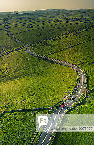 Aerial view of A623 near Tideswell  Peak District National Park  Derbyshire  England  United Kingdom  Europe