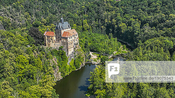Aerial of Kriebstein Castle,  on the Zschopau River,  Kriebstein,  Saxony,  Germany,  Europe