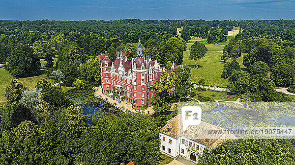 Aerial of Muskau Castle,  Muskau (Muskauer) Park,  UNESCO World Heritage Site,  Bad Muskau,  Saxony,  Germany,  Europe