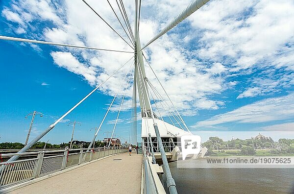 The Esplanade Riel suspended pedestrian footbridge over the Red River  completed 2003  linking central Winnipeg to St. Boniface district  Winnipeg  Manitoba  Canada  North America