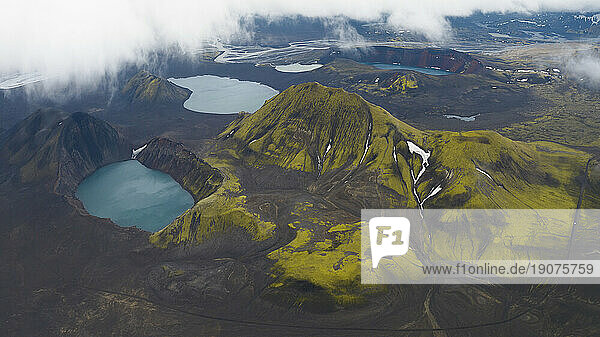Aerial view taken by drone of Landmannalaugar mountain on a cloudy summer day  Iceland  Polar Regions