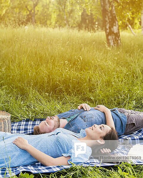 Junges attraktives Paar entspannt Picknick Natur