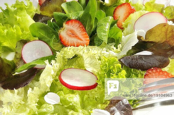 Blattsalat mit Radieschen und Erdbeeren