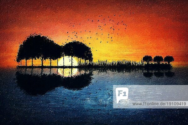Gitarre Insel Malerei mit Tag reflektiert in die Nacht  Sonnenuntergang gegen Sternenhimmel Reflexion. Magische Szene mit Bäumen auf einer Insel wachsen in Form von einem Musikinstrument