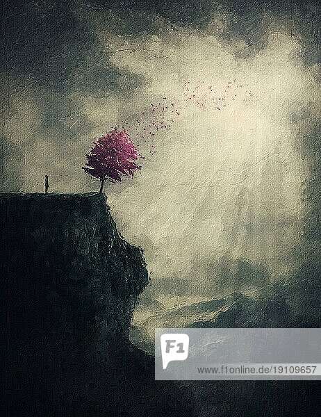 Der Baum des Lebens konzeptionelle Malerei mit einer Person Silhouette fand eine surreale lila Baum am Rande einer Klippe. Wunderbare Szene  Abenteuer Konzept. Magische entdecken