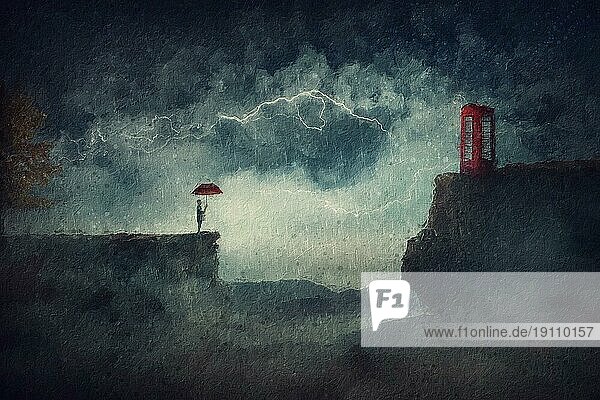 Gemälde einer Person mit Regenschirm  die bei Sturm am Rande einer Klippe steht und auf eine Telefonzelle auf dem anderen Gipfel schaut. Fantastische Szene  Abenteuer Reise  Zweck und Ziel Konzept