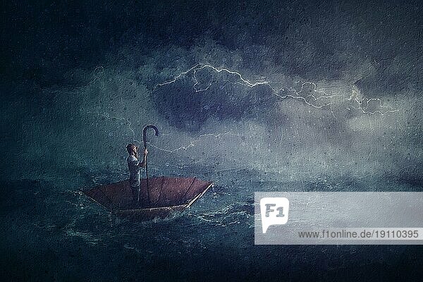 Segelnde Malerei mit einer einsamen Person im Ozean  die auf einem Schirmboot schwimmt. Surreale Szene mit einem Sturm über dem Meer. Fantastische Abenteuer  Eroberung und angesichts der Widrigkeiten Konzept