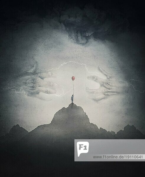 Gespenstische Szene mit einem einsamen Jungen  der einen roten Ballon auf dem Gipfel eines Berges hält und einer mysteriösen Kreatur mit riesigen  furchteinflößenden Händen gegenübersteht  die aus dem Nebel kommt. Fantasyabenteuer und Nervenkitzel Hintergrund