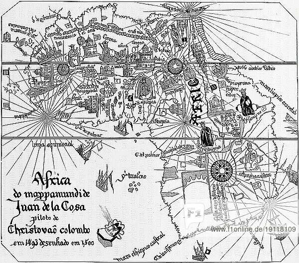 Kontinent Afrika um das Jahr 1500  16. Jahrhundert  viele religiöse Symbole  Wehrtürme  Brgen  Segelschiffe  Atlas Gebirge  Küsten  Lastenträger  Nil  Juan de la Cosa  historische Landkarte zu Christopher Kolumbus Zeit