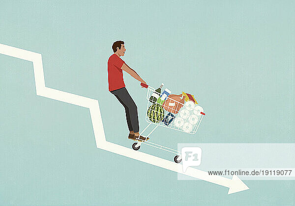 Male consumer with shopping cart of groceries falling down descending arrow
