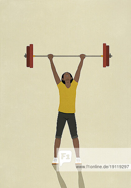 Happy  strong  determined woman weightlifting barbell overhead