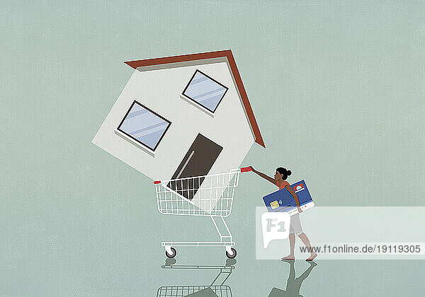 Woman with credit card pushing house in shopping cart