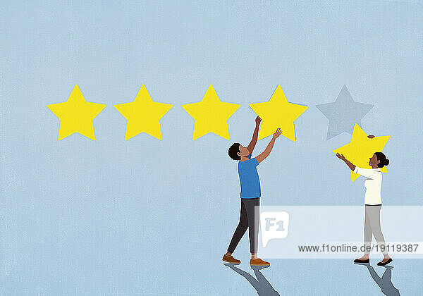 Couple rating  placing five stars on blue background