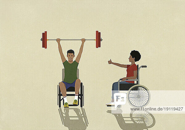 Woman in wheelchair encouraging  cheering for male friend weightlifting barbell overhead