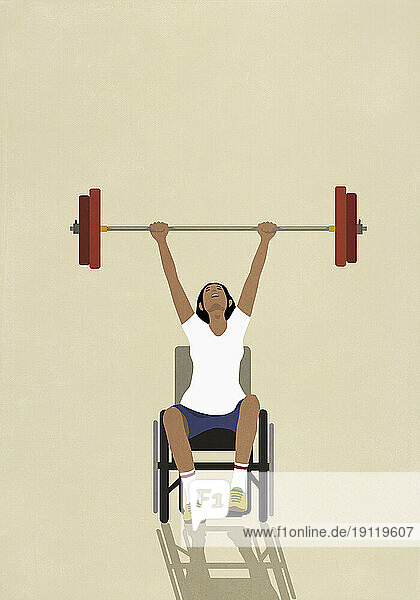 Happy  strong  determined woman in wheelchair weightlifting barbell overhead