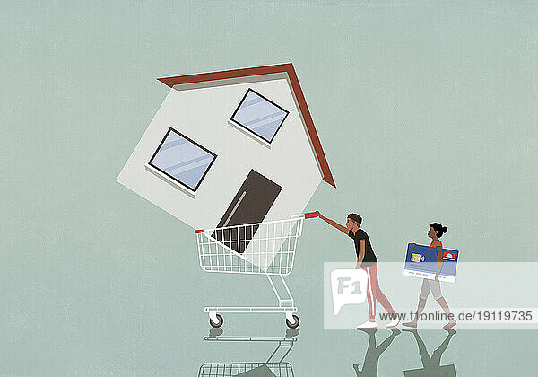 Couple with credit card pushing house in shopping cart