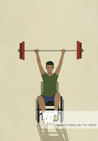 Portrait confident  strong male athlete with disabilities in wheelchair holding barbell overhead