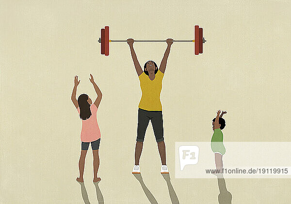 Kids cheering for strong mother weightlifting barbell overhead