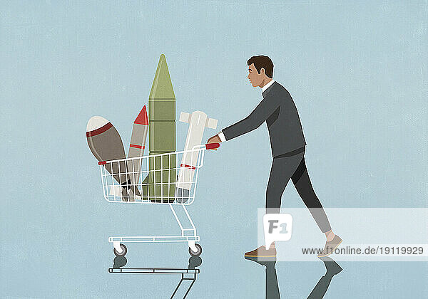 Businessman buying rockets and missiles in shopping cart