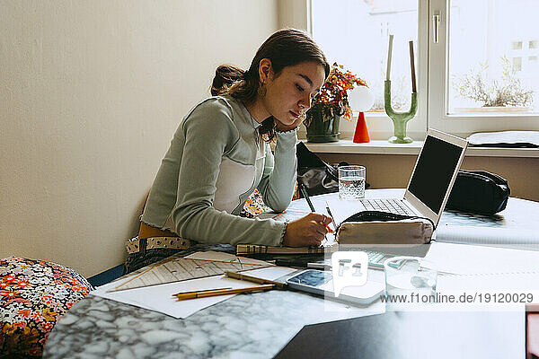 Junge Frau macht Hausaufgaben  während sie zu Hause in ein Buch schreibt