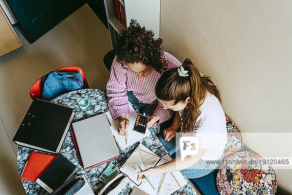 Hochformatige Ansicht von jungen Freundinnen  die bei den Hausaufgaben den Taschenrechner ihres Smartphones benutzen