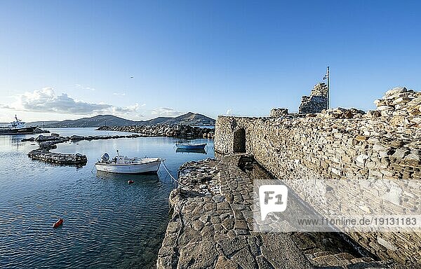 Venetian castle ruins  Naoussa harbour  Paros  Cyclades  Greece  Europe