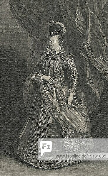 Johanna von Österreich (24. Januar 1547 in Prag bis 10. April 1578 in Florenz) war eine Erzherzogin von Österreich und durch Heirat vom 21. April 1574 bis 10. April 1578 Großherzogin von Toskana  Historisch  digital restaurierte Reproduktion von einer Vorlage aus der Vergangenheit