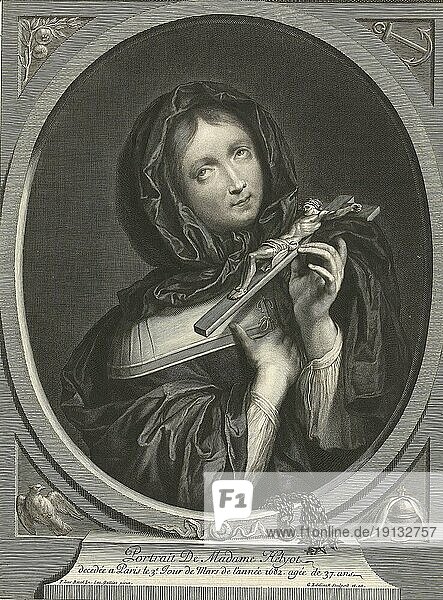 Porträt von Marie Herinx (1645-1682)  Ehefrau von Claude Heilyot  zur Hälfte mit Kopftuch abgebildet  Historisch  digital restaurierte Reproduktion von einer Vorlage aus der Vergangenheit