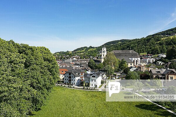 Drone image  village view of Mondsee with Basilica of St. Michael  Salzkammergut  Upper Austria  Austria  Europe