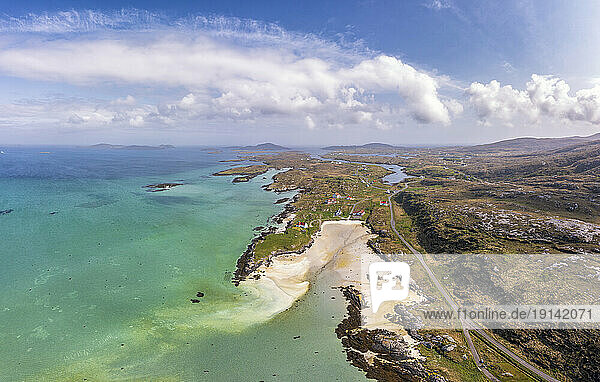 UK  Scotland  Ardmhor Beach  Aerial view of coastal village on Barra island