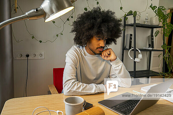 Concentrated freelancer with laptop on desk at home