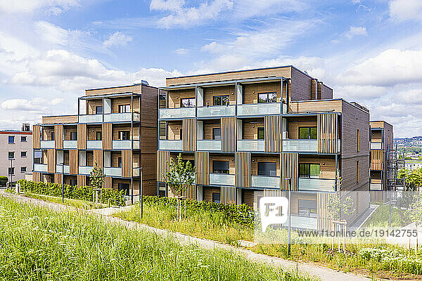 Germany  Baden-Wurttemberg  Stuttgart  Balconies of modern suburban apartment building