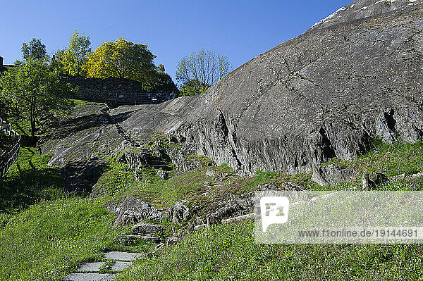 Europe  Italy  Lombardy  Valtellina  The great Magna di Grosio cliff  with rock engravings  (4th-1st century BC)