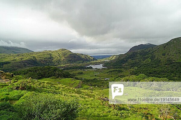 Ladies View ist ein malerisches Panorama auf dem Ring of Kerry  etwa 19 Kilometer von Killarney entfernt  entlang der N71 in Richtung Kenmare  im Killarney National Park in Irland