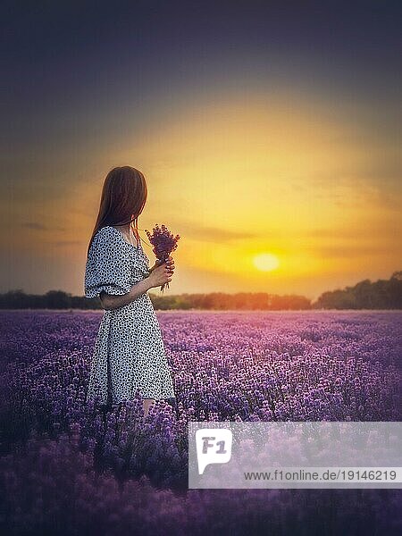 Seitenporträt einer jungen Frau im Kleid steht in der lila Lavendelfelder Blick auf den schönen Sonnenuntergang Himmel. Natürliche Sommerdämmerung Szene