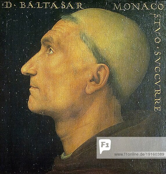 Baldassarre Vallombrosano  Porträt von Biagio Milanesi ist ein Ölgemälde von Pietro Perugino  das auf das Jahr 1500 datiert ist und sich in der Galerie der Accademia in Florenz befindet  digital restaurierte Reproduktion von einer Vorlage aus der damaligen Zeit