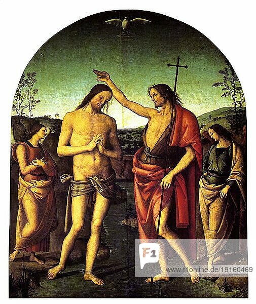 Die Taufe von Jesus Christus  Gemälde von Pietro Perugino  digital restaurierte Reproduktion von einer Vorlage aus der damaligen Zeit