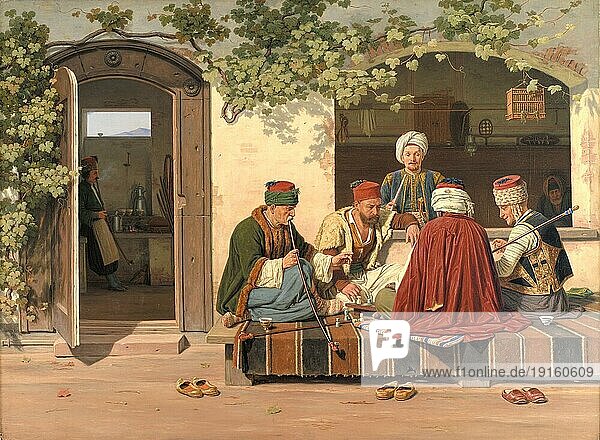 Orientalen spielen eine Partie Schach vor einem türkischen Kaffeehaus und Friseursalon  1845  Türkei  Historisch  digital restaurierte Reproduktion einer Vorlage der damaligen Zeit  Asien
