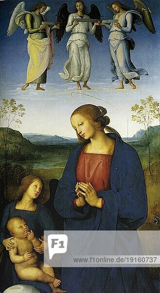 Die Anbetung des Kindes  Jesus Christus  Gemälde von Pietro Perugino  digital restaurierte Reproduktion von einer Vorlage aus der damaligen Zeit